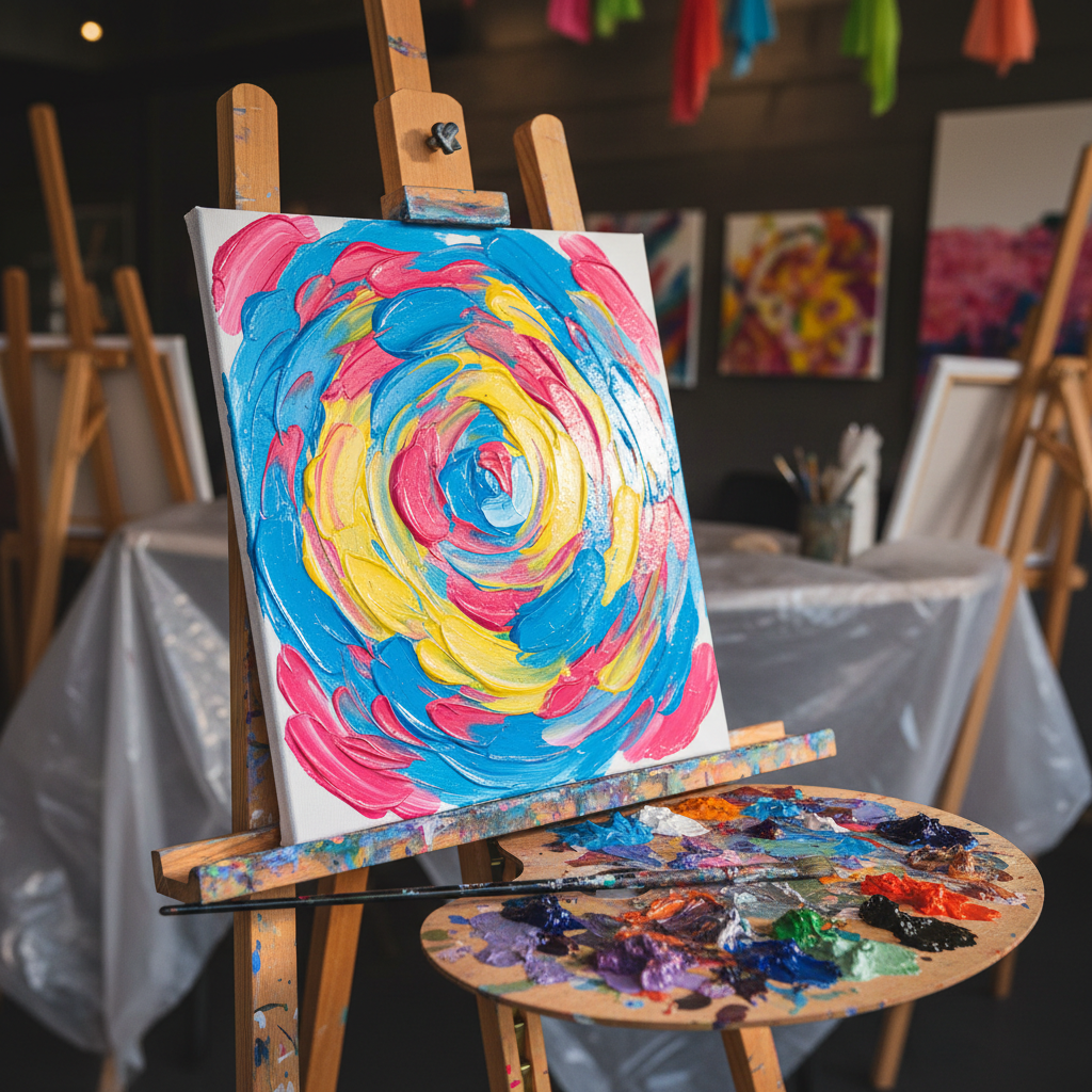 A close-up, photographic image of a single canvas on a sturdy wooden easel, mid-painting, featuring bold, swirling strokes of electric blue, hot pink, and sunny yellow. Thick, textured paint catches the light, showing ridges and glossy highlights. At the base, a messy yet artistic palette overflows with mixed colors and a few paint-splattered brushes resting casually. The background is softly blurred, hinting at multiple other easels and colorful decorations in an event space. Warm, diffused studio lighting from the side enhances the paint texture and casts gentle shadows. Shot at a slight angle for a dynamic, playful mood, capturing the essence of expressive creativity at a premium paint party.