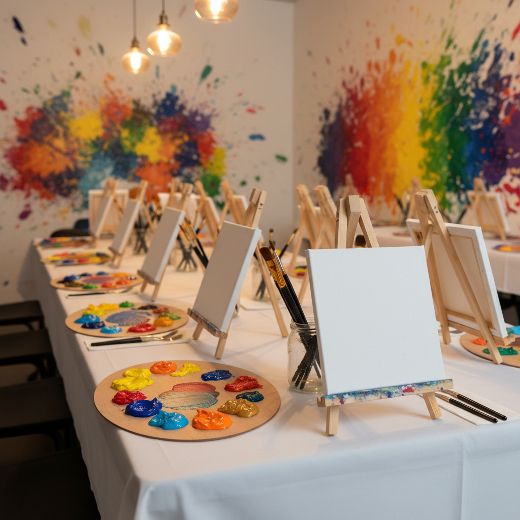 A long, rectangular table covered in a crisp white cloth, completely filled with blank canvases on wooden easels, neatly arranged palettes overflowing with vivid acrylic paints, and clean brushes fanned out in jars. In the background, large abstract splashes of color decorate the walls, suggesting previous creative chaos. Soft, warm pendant lighting hangs overhead, casting gentle highlights on the glossy paint pools and subtle shadows from the easels. Photographic realism at eye level, with a shallow depth of field that keeps the front canvas sharp while the rest blurs into a vibrant bokeh, creating an inviting, energetic atmosphere perfect for a premium paint party experience.