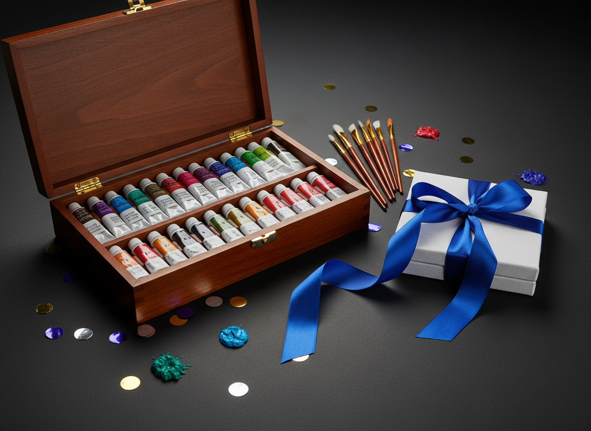A photographic still-life of an exclusive giveaway set for a paint party, arranged on a matte black table: a high-quality wooden paint box slightly open to reveal neatly aligned tubes of professional-grade paint, premium brushes with polished handles, and a pair of pristine white canvases tied together with a satin ribbon in a vibrant color. Around the box, scattered metallic confetti and a few tiny, dried paint droplets add a celebratory touch. Soft, focused studio lighting from one side creates rich highlights on the metal paint caps and gentle shadows beneath, emphasizing texture and luxury. Shot close-up with shallow depth of field, the image feels playful yet refined, perfectly capturing the allure of winning something special at the event.