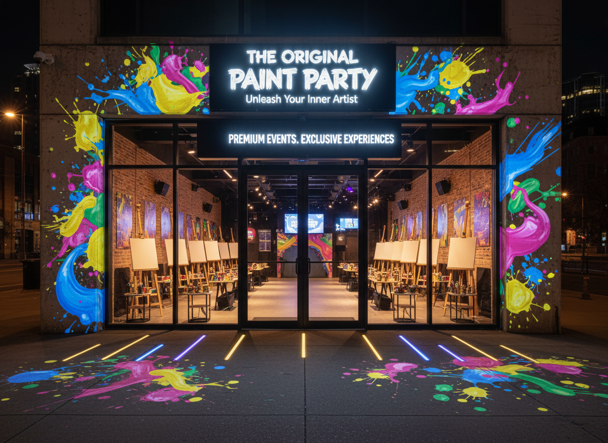A nighttime, photographic exterior of an urban venue entrance ready for The Original Paint Party, with a wide glass doorway framed by dynamic, colorful light projections that resemble giant paint splashes spreading across the facade. The pavement leading up to the entrance has subtle, artistic paint patterns and glowing LED strips guiding the way. Inside, visible through the glass, rows of easels and bright canvases hint at the creative chaos within. Cool ambient city lighting mixes with warm interior glow, creating a striking contrast. Shot from a slightly low angle, the composition makes the venue feel iconic and must-attend, with a bold, playful atmosphere that promises premium events and exclusive experiences.