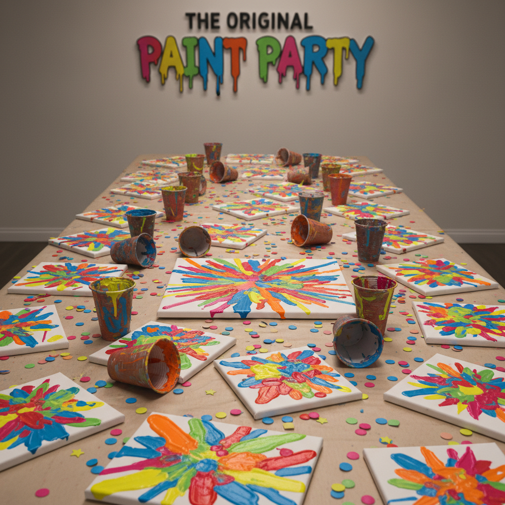 A dramatic overhead photographic view of a long table after an intense paint party game, scattered with paint-splattered canvases showing quirky abstract designs, empty plastic cups stained with color, and small confetti-like paper shapes. Bright primary and neon colors dominate the scene, standing out against the neutral tabletop. Soft, even lighting from above ensures every splatter and brushstroke is clearly visible, while subtle shadows add depth. The composition centers a particularly bold canvas, with the others radiating outward, creating a sense of playful chaos and shared creative energy. The mood is vibrant and celebratory, suggesting interactive challenges and spontaneous fun at The Original Paint Party, without any people present.