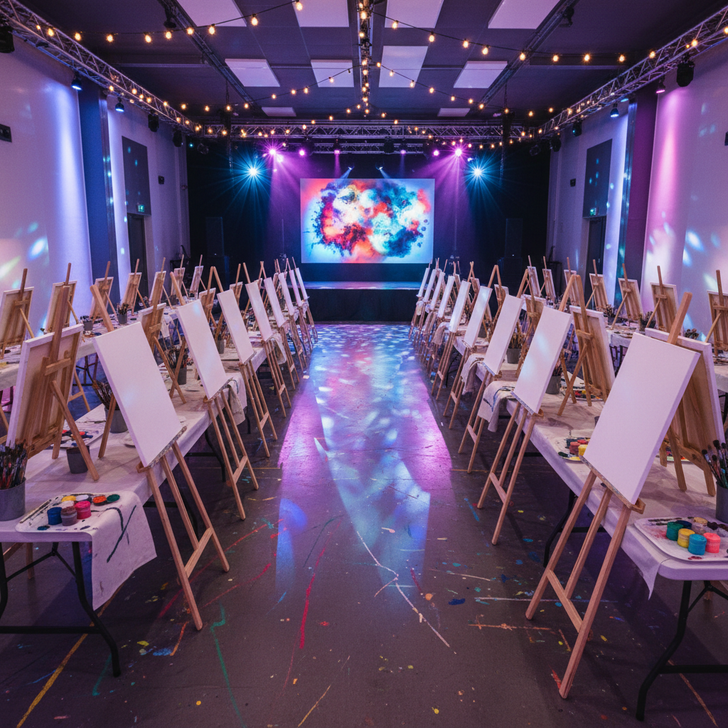 A wide photographic shot of a modern indoor event space transformed for a paint party, with rows of easels facing a central stage where a large, half-painted abstract canvas glows under colorful spotlights. The polished concrete floor is flecked with dried paint drips, and long tables hold organized trays of brushes, aprons, and paint pots in neon and pastel hues. Overhead, festoon lights and subtle LED uplighting create a playful, club-like ambiance. The lighting is dynamic yet soft enough to see every color clearly. The composition uses a slightly elevated angle, capturing the full room and emphasizing anticipation, celebration, and creative fun without showing any people.